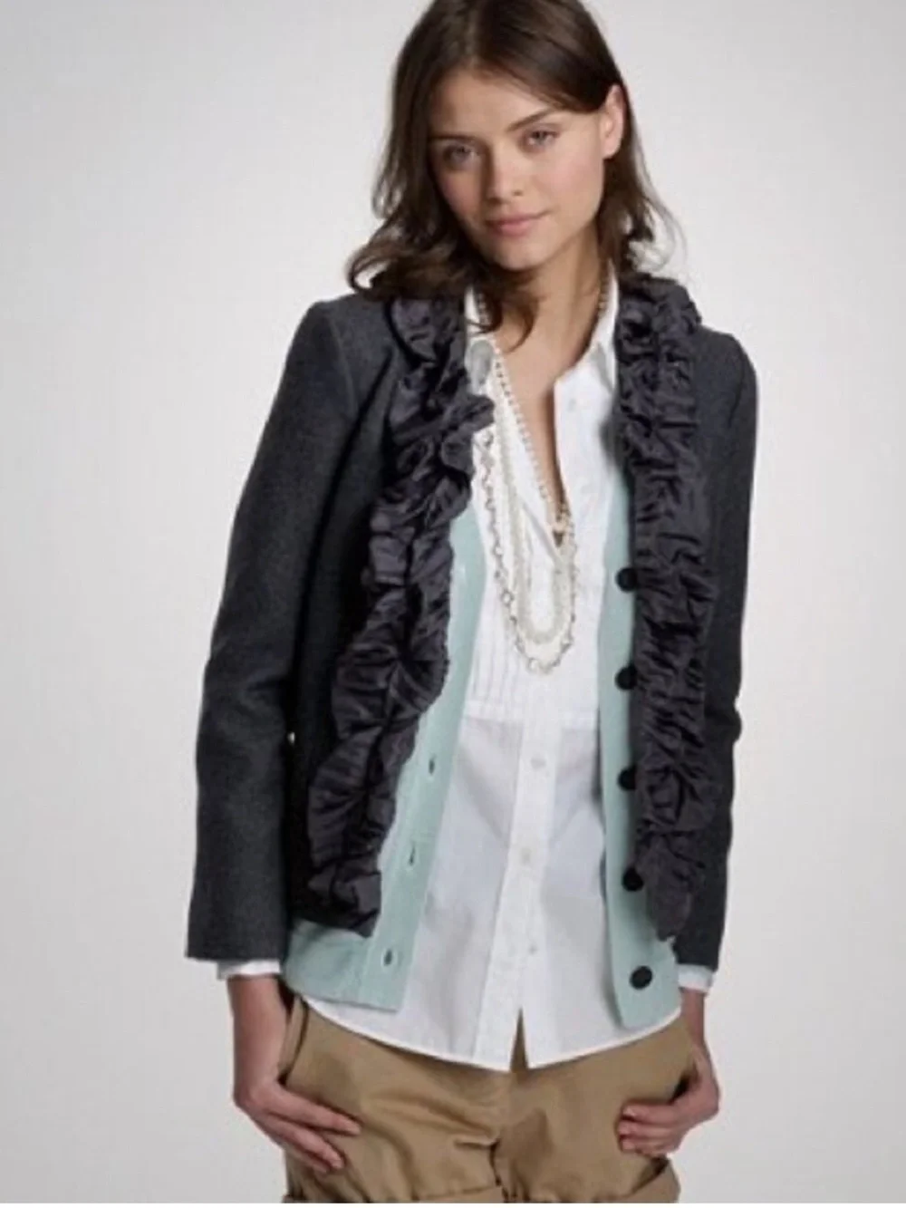 J.Crew Chimera Wool-Pleated Silk Ruffle Blazer. size 8